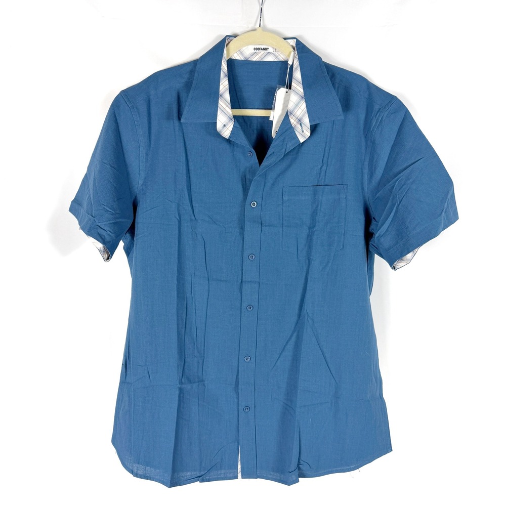COOFANDY Button Down Shirt Blue Plaid Trim Short Sleeve Mens Cotton Sz L